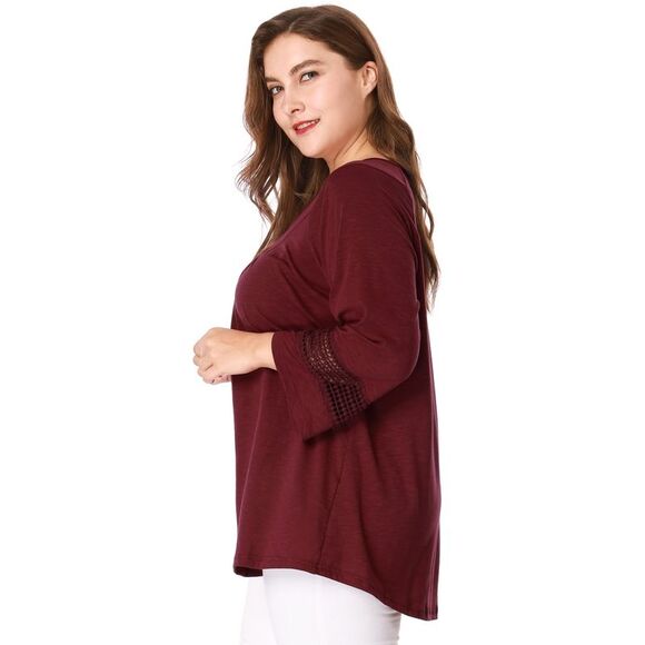 Women's Plus Size Crochet Panel Kimono Raglan Sleeves Tops Burgundy - Picture 4 of 6